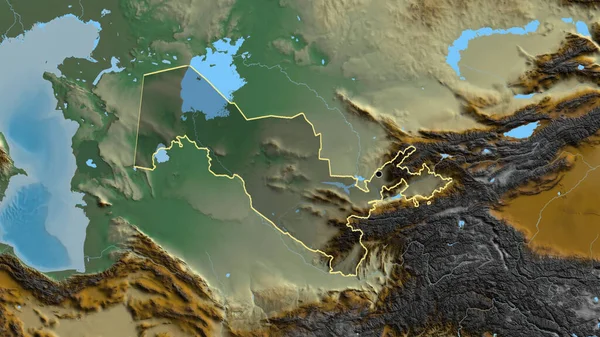 Крупним Планом Висвітлюється Прикордонна Зона Узбекистану Темним Накладанням Карту Рельєфу — стокове фото