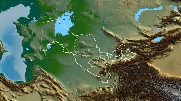 ウズベキスタン国境地域とその地域の境界線の物理的な地図上のクローズアップ 資本ポイント 全国の概要 — ストック写真