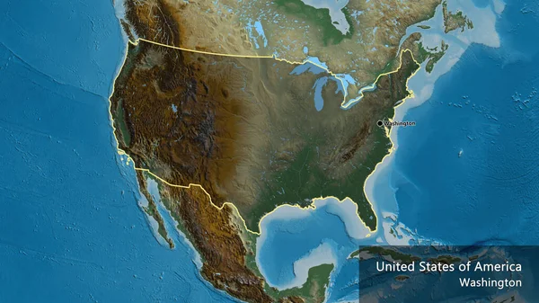 救援地図上の暗いオーバーレイで強調米国の国境地域のクローズアップ 資本ポイント 国の形の周りの概要 英名国とその首都 — ストック写真