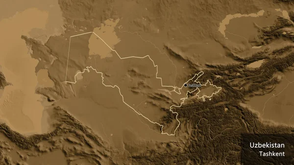 セピア標高地図上のウズベキスタン国境地帯の閉鎖 資本ポイント 国の形の周りの概要 英名国とその首都 — ストック写真