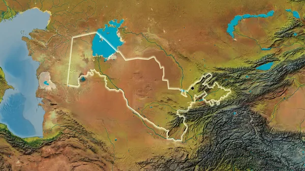 Zbliżenie Obszaru Granicznego Uzbekistanu Mapie Topograficznej Główny Punkt Blask Wokół — Zdjęcie stockowe