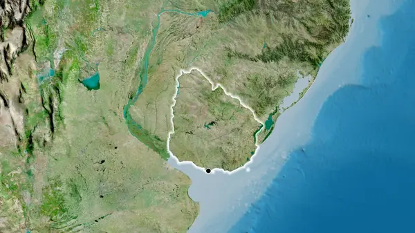 Nahaufnahme Des Grenzgebiets Von Uruguay Auf Einer Satellitenkarte Kapitalpunkt Glühen — Stockfoto
