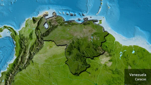 委内瑞拉边境地区的特写镜头 用卫星地图上的黑暗覆盖突出显示 资本点 这个国家的边缘呈斜角状 国家及其首都的英文名称 — 图库照片