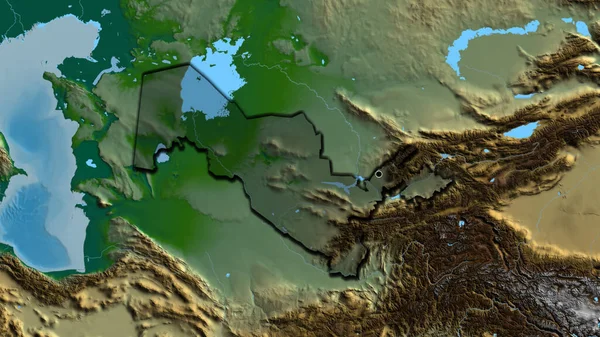 物理的な地図上の暗いオーバーレイで強調ウズベキスタン国境地域のクローズアップ 資本ポイント 国の形の縁が隠されている — ストック写真