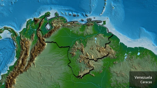 物理的な地図上のベネズエラ国境地域の閉鎖 資本ポイント 国の形の縁が隠されています 英名国とその首都 — ストック写真