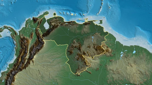 救援地図上の暗いオーバーレイで強調ベネズエラ国境地域のクローズアップ 資本ポイント 全国の概要 — ストック写真