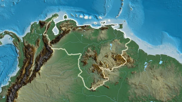 Nahaufnahme Des Grenzgebiets Venezuela Auf Einer Reliefkarte Kapitalpunkt Glühen Ganzen — Stockfoto