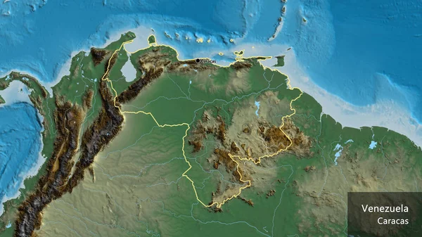 救援地図上のベネズエラ国境地域の閉鎖 資本ポイント 国の形の周りの概要 英名国とその首都 — ストック写真