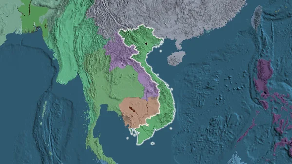 Vietnam sınır bölgesinin bir idari haritada yakın plan görüntüsü. Ana nokta. Ülke çapında parıltı. 