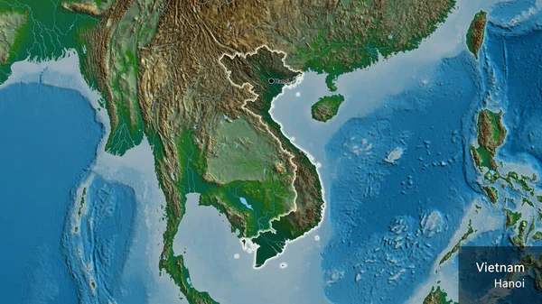 物理的な地図上の暗いオーバーレイで強調ベトナム国境地域のクローズアップ 資本ポイント 国の形の周りに光る 英名国とその首都 — ストック写真