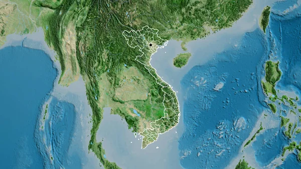 Detailní Záběr Pohraniční Oblasti Vietnamu Jeho Regionálních Hranic Satelitní Mapě — Stock fotografie