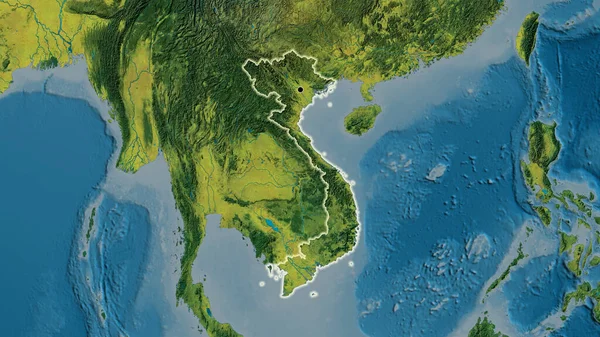 Nahaufnahme Des Grenzgebiets Vietnam Auf Einer Topografischen Karte Kapitalpunkt Glühen — Stockfoto