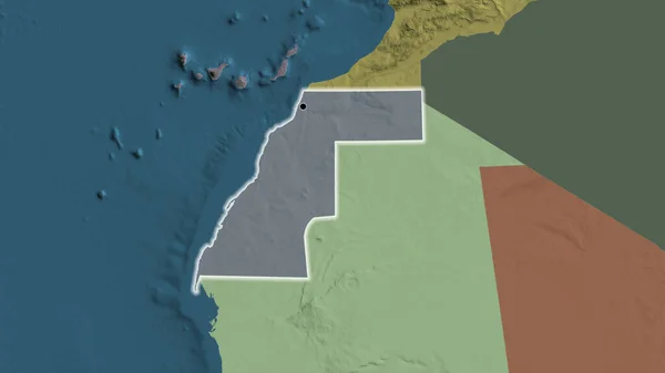 Close-up of the Western Sahara border area highlighting with a dark overlay on a administrative map. Capital point. Glow around the country shape.