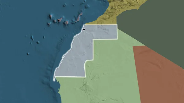 Close-up of the Western Sahara border area on a administrative map. Capital point. Glow around the country shape.