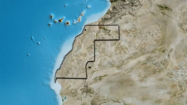 Close-up of the Western Sahara border area on a satellite map. Capital point. Bevelled edges of the country shape.