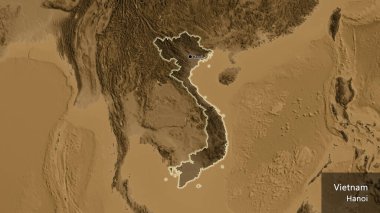Vietnam sınır bölgesinin yakınından, sepia yükseklik haritasında koyu bir örtüyle vurgulanıyor. Ana nokta. Ülke çapında parıldıyor. Ülkenin ve başkentinin İngilizce adı