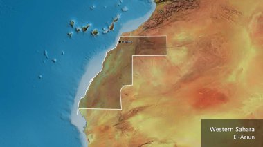 Batı Sahra sınır bölgesinin yakın çekimleri bir topografik haritada koyu bir örtüyle vurgulanıyor. Ana nokta. Ülke çapında bir taslak oluşturun. Ülkenin ve başkentinin İngilizce adı