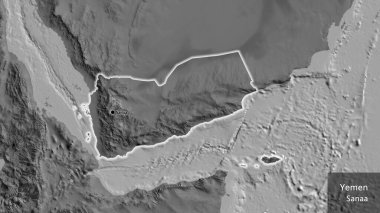 Yemen sınır bölgesinin bir bileklik haritasına yakın plan. Ana nokta. Ülke çapında parıldıyor. Ülkenin ve başkentinin İngilizce adı