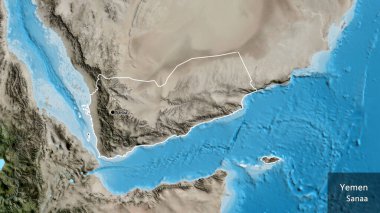 Yemen sınır bölgesinin uydu haritasında yakın plan görüntüsü. Ana nokta. Ülke çapında bir taslak oluşturun. Ülkenin ve başkentinin İngilizce adı