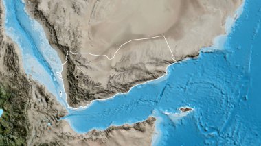 Yemen sınır bölgesinin uydu haritasında yakın plan görüntüsü. Ana nokta. Ülke şekli etrafında özet geç. 