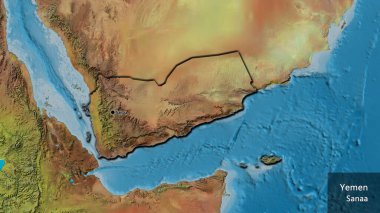 Yemen sınır bölgesinin bir topoğrafik haritasına yakın plan. Ana nokta. Kırsal kesimin kıvrımlı kenarları. Ülkenin ve başkentinin İngilizce adı