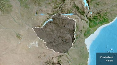 Zimbabve sınır bölgesinin yakın çekimleri, uydu haritasında koyu bir örtüyle vurgulanıyor. Ana nokta. Ülke çapında bir taslak oluşturun. Ülkenin ve başkentinin İngilizce adı