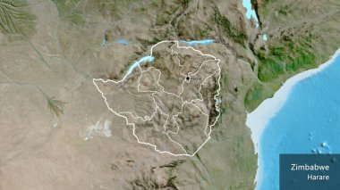 Zimbabwe sınır bölgesinin ve bölgesel sınırlarının uydu haritasına yakın çekim. Ana nokta. Ülke çapında bir taslak oluşturun. Ülkenin ve başkentinin İngilizce adı