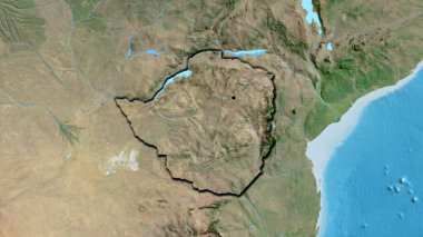 Zimbabwe sınır bölgesinin uydu haritası üzerinde yakın plan. Ana nokta. Ülkenin kıvrımlı kenarları. 