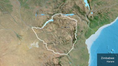 Zimbabwe sınır bölgesinin uydu haritası üzerinde yakın plan. Ana nokta. Ülke çapında parıldıyor. Ülkenin ve başkentinin İngilizce adı