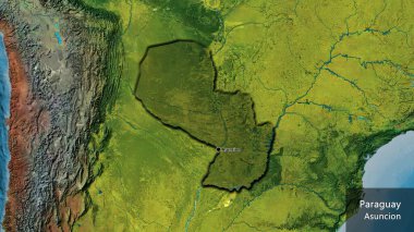 Paraguay sınır bölgesinin bir topoğrafik haritada koyu bir örtüyle ışıklandırılması. Ana nokta. Kırsal kesimin kıvrımlı kenarları. Ülkenin ve başkentinin İngilizce adı