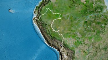 Peru sınır bölgesinin uydu haritasında yakın plan görüntüsü. Ana nokta. Ülke çapında parıltı. 