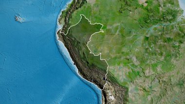 Peru sınır bölgesinin yakın planında uydu haritasında koyu bir kaplama var. Ana nokta. Ülke şekli etrafında özet geç. 