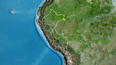 Peru sınır bölgesinin ve bölgesel sınırlarının uydu haritasına yakın çekim. Ana nokta. Ülke şekli etrafında özet geç. 