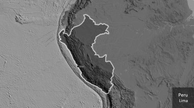 Peru sınır bölgesinin yakın çekimleri, bilek haritasında koyu bir örtüyle vurgulanıyor. Ana nokta. Ülke çapında parıldıyor. Ülkenin ve başkentinin İngilizce adı