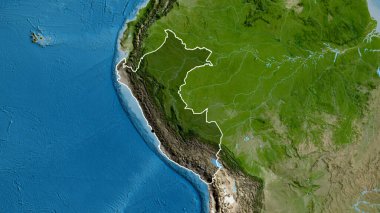 Peru sınır bölgesinin yakın planında uydu haritasında koyu bir kaplama var. Ana nokta. Ülke şekli etrafında özet geç. 