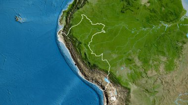 Peru sınır bölgesinin uydu haritasında yakın plan görüntüsü. Ana nokta. Ülke şekli etrafında özet geç. 