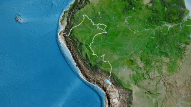 Peru sınır bölgesinin uydu haritasında yakın plan görüntüsü. Ana nokta. Ülke şekli etrafında özet geç. 