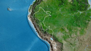 Peru sınır bölgesinin ve bölgesel sınırlarının uydu haritasına yakın çekim. Ana nokta. Ülke şekli etrafında özet geç. 