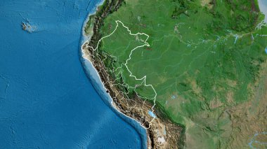 Peru sınır bölgesinin ve bölgesel sınırlarının uydu haritasına yakın çekim. Ana nokta. Ülke şekli etrafında özet geç. 