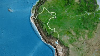 Peru sınır bölgesinin uydu haritasında yakın plan görüntüsü. Ana nokta. Ülke çapında parıltı. 