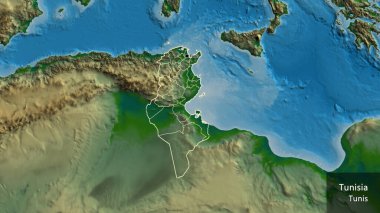 Tunus sınırına ve bölgesel sınırlarına fiziksel bir harita üzerinde yakın plan. Ana nokta. Ülke çapında bir taslak oluşturun. Ülkenin ve başkentinin İngilizce adı