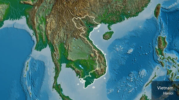 物理的な地図上のベトナム国境地域のクローズアップ 資本ポイント 国の形の周りに光る 英名国とその首都 — ストック写真