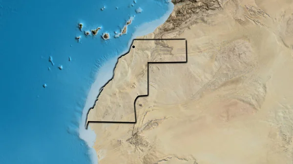 Close-up of the Western Sahara border area on a satellite map. Capital point. Bevelled edges of the country shape.
