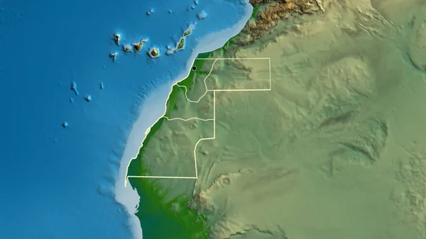 Close-up of the Western Sahara border area and its regional borders on a physical map. Capital point. Outline around the country shape.