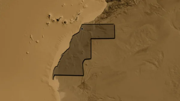 Close-up of the Western Sahara border area highlighting with a dark overlay on a sepia elevation map. Capital point. Bevelled edges of the country shape.