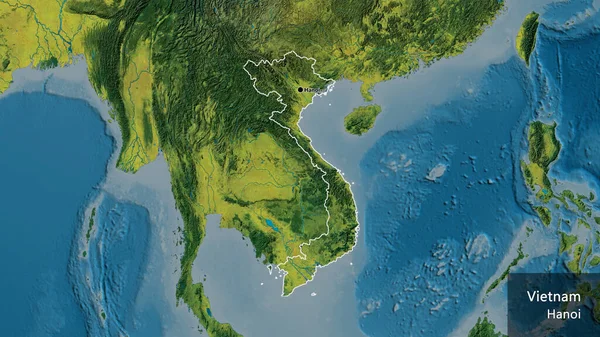 地形図上のベトナム国境地域のクローズアップ 資本ポイント 国の形の周りの概要 英名国とその首都 — ストック写真