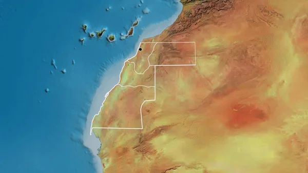 Close-up of the Western Sahara border area and its regional borders on a topographic map. Capital point. Outline around the country shape.
