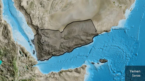 衛星地図上の暗いオーバーレイで強調イエメン国境地域のクローズアップ 資本ポイント 国の形の縁が隠されています 英名国とその首都 — ストック写真