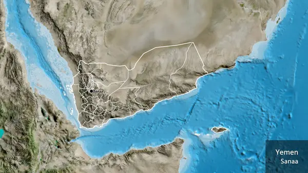 Yemen sınır bölgesinin ve bölgesel sınırlarının uydu haritasına yakın plan. Ana nokta. Ülke çapında bir taslak oluşturun. Ülkenin ve başkentinin İngilizce adı