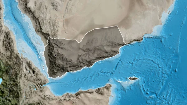 衛星地図上の暗いオーバーレイで強調イエメン国境地域のクローズアップ 資本ポイント 全国の概要 — ストック写真